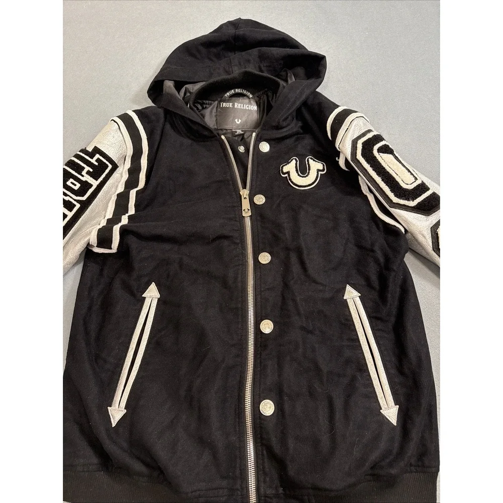 JACKET BOMBER LEATHER Varsity MEN MED MSRP $799  EXCELLENT JACKET TRUE‎ RELIGION
